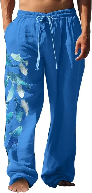 Mens Linen Beach Pants Big and Tall Casual Lounge Drawstring Vacation Print Pants with Pockets Lightweight Trousers