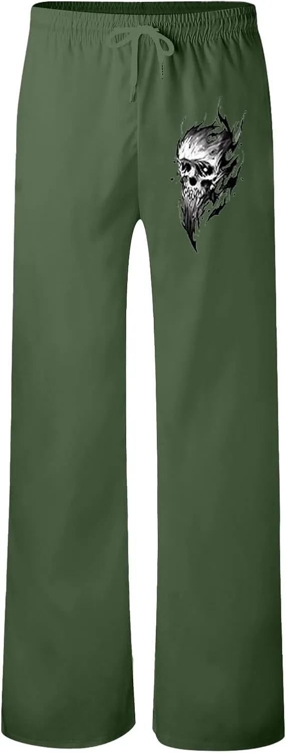 Men's Linen Pants Loose Fit Skull Printed Lightweight Pants Casual Elastic Waist Summer Pant with Pockets