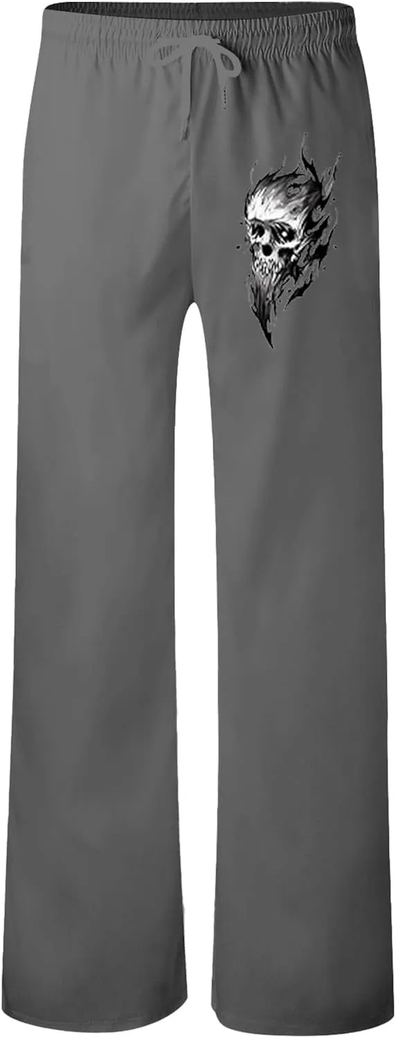 Men's Linen Pants Loose Fit Skull Printed Lightweight Pants Casual Elastic Waist Summer Pant with Pockets