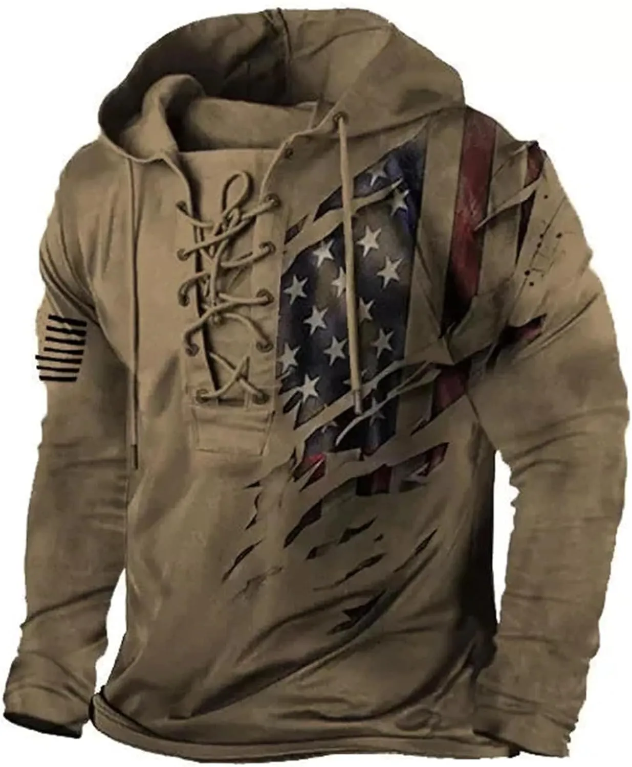 Men's Military Tactical Hoodies Retro Distressed American Flag Print TieUp Pullover Trainning Camping Sweatshirt