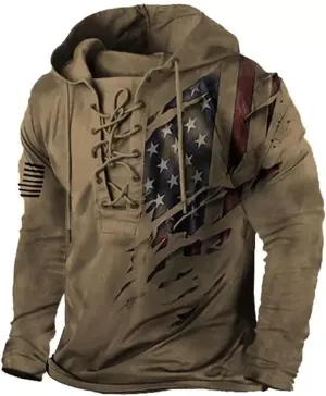 Men's Military Tactical Hoodies Retro Distressed American Flag Print TieUp Pullover Trainning Camping Sweatshirt