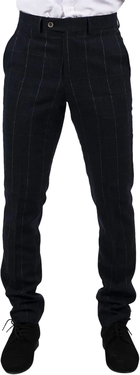 Mens Navy Check Trousers Wool Tweed Classic 1920s Vintage Tailored Fit Wedding