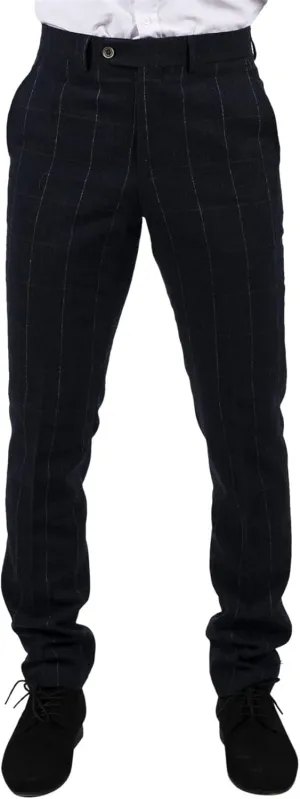 Mens Navy Check Trousers Wool Tweed Classic 1920s Vintage Tailored Fit Wedding