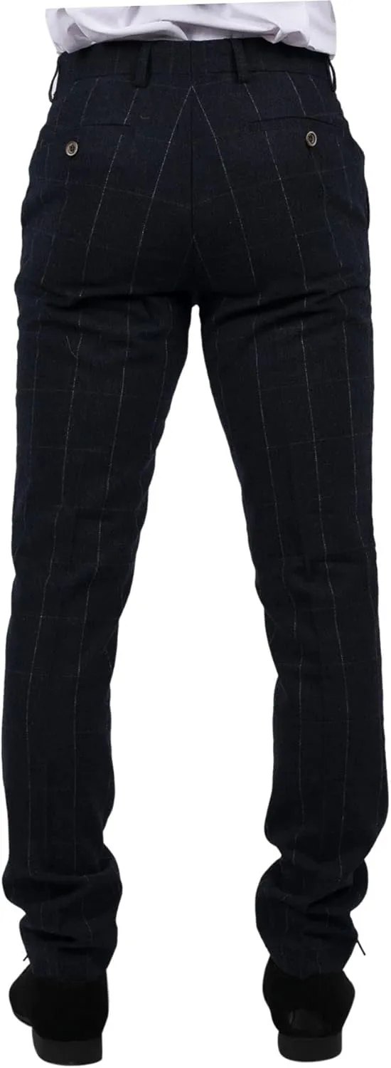 Mens Navy Check Trousers Wool Tweed Classic 1920s Vintage Tailored Fit Wedding