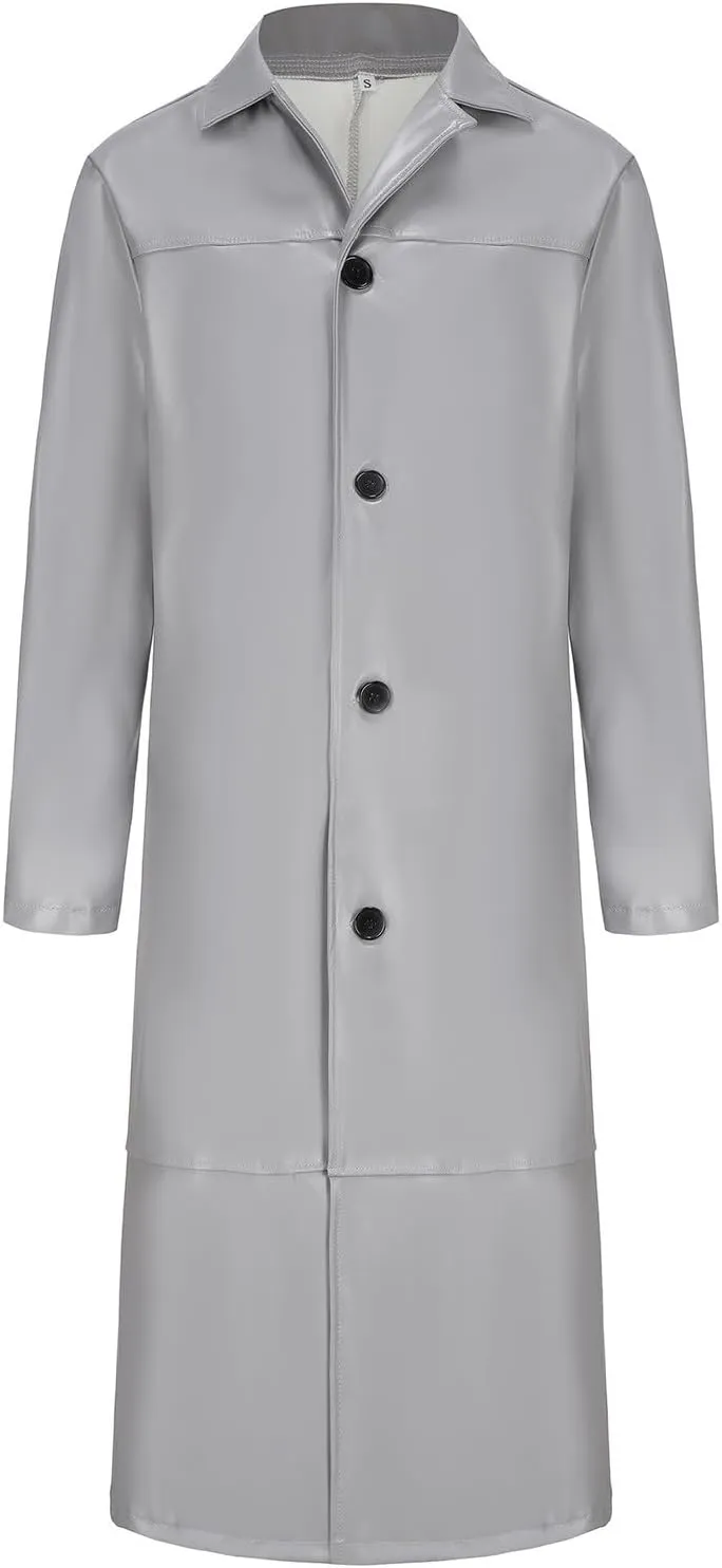 Men's Retro Faux Leather Trench Coat Full Length Classic Steampunk Gothic Overcoat Vintage Open Front Cardigan Jacket
