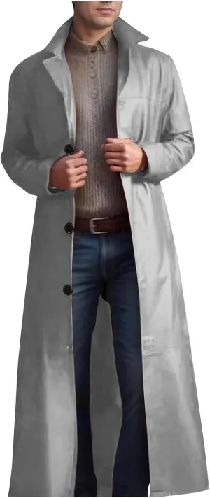 Men's Retro Faux Leather Trench Coat Full Length Classic Steampunk Gothic Overcoat Vintage Open Front Cardigan Jacket