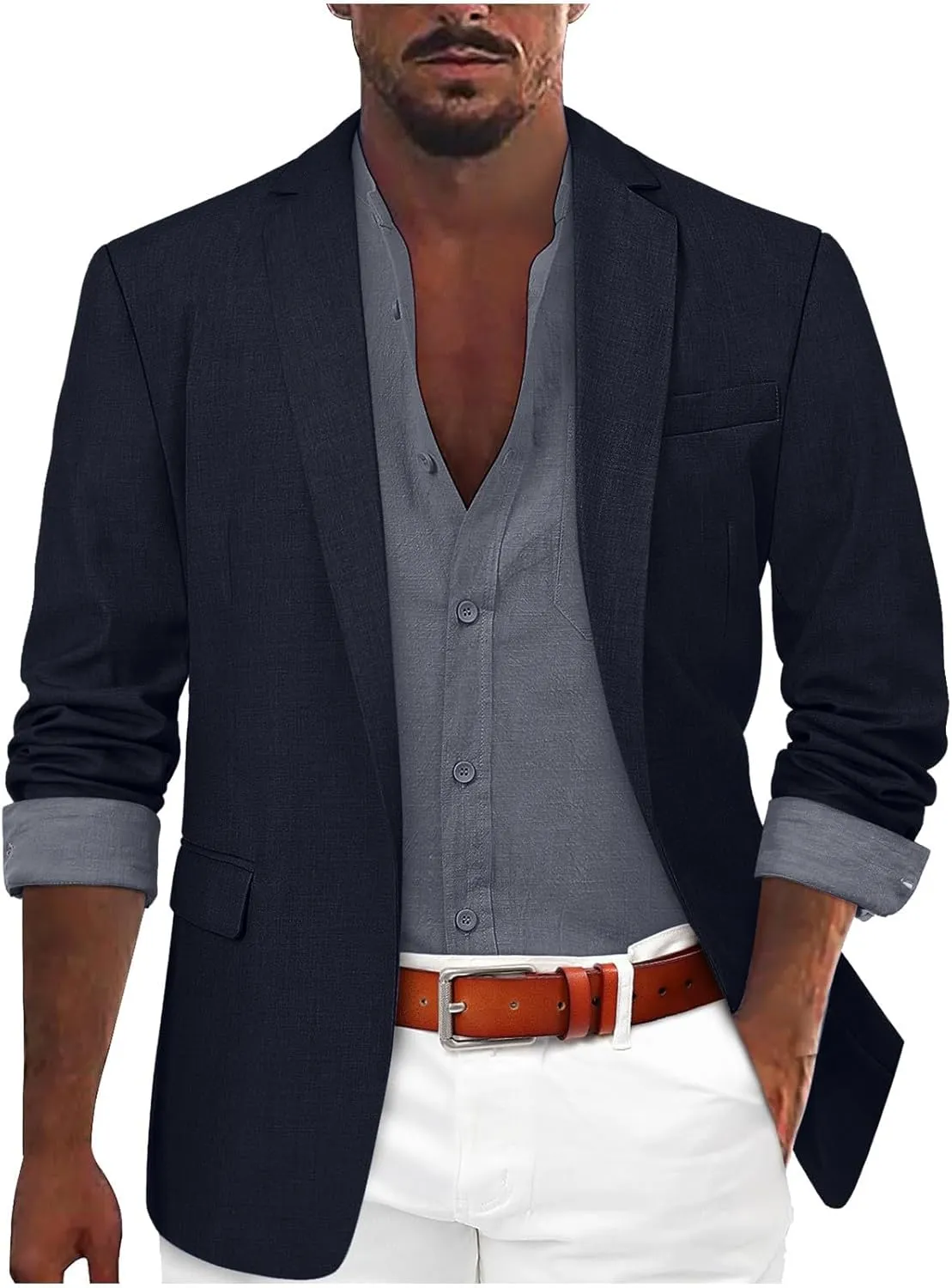 Mens Slim Fit Lightweight Linen Jacket Tailored Blazer Sport Coat One Button Business Suit Jackets Stylish Daily Suits