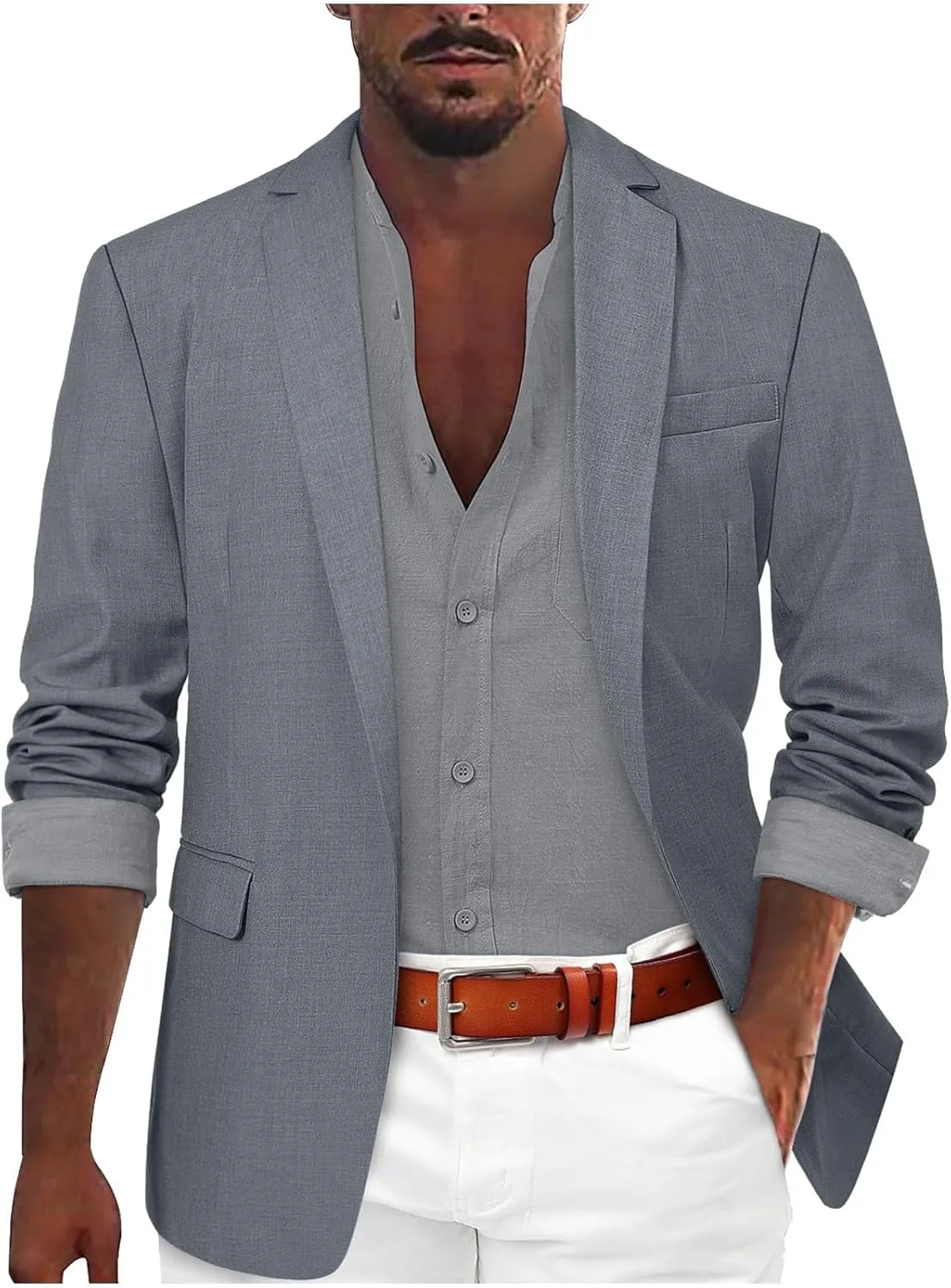 Mens Slim Fit Lightweight Linen Jacket Tailored Blazer Sport Coat One Button Business Suit Jackets Stylish Daily Suits