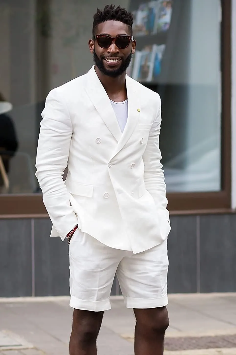 Mens Summer Casual White Tailored Beach Wedding Slim Fit Tuxedo Suit Blazer & Shorts Set