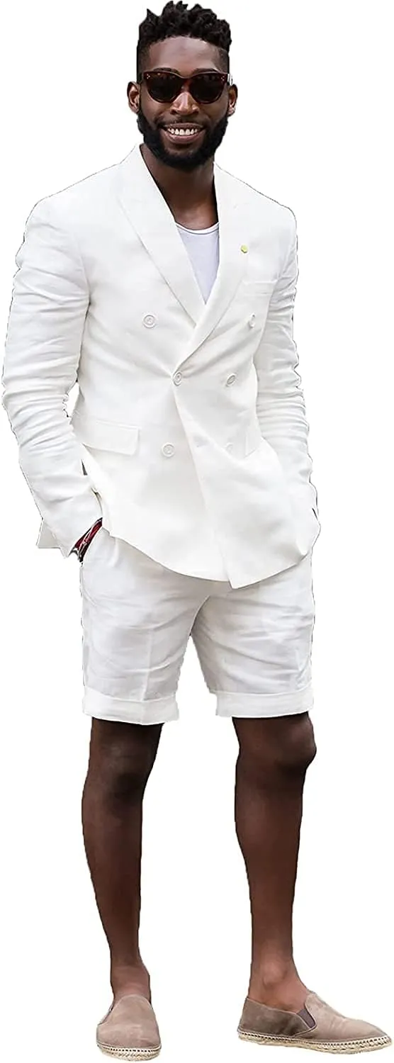 Mens Summer Casual White Tailored Beach Wedding Slim Fit Tuxedo Suit Blazer & Shorts Set
