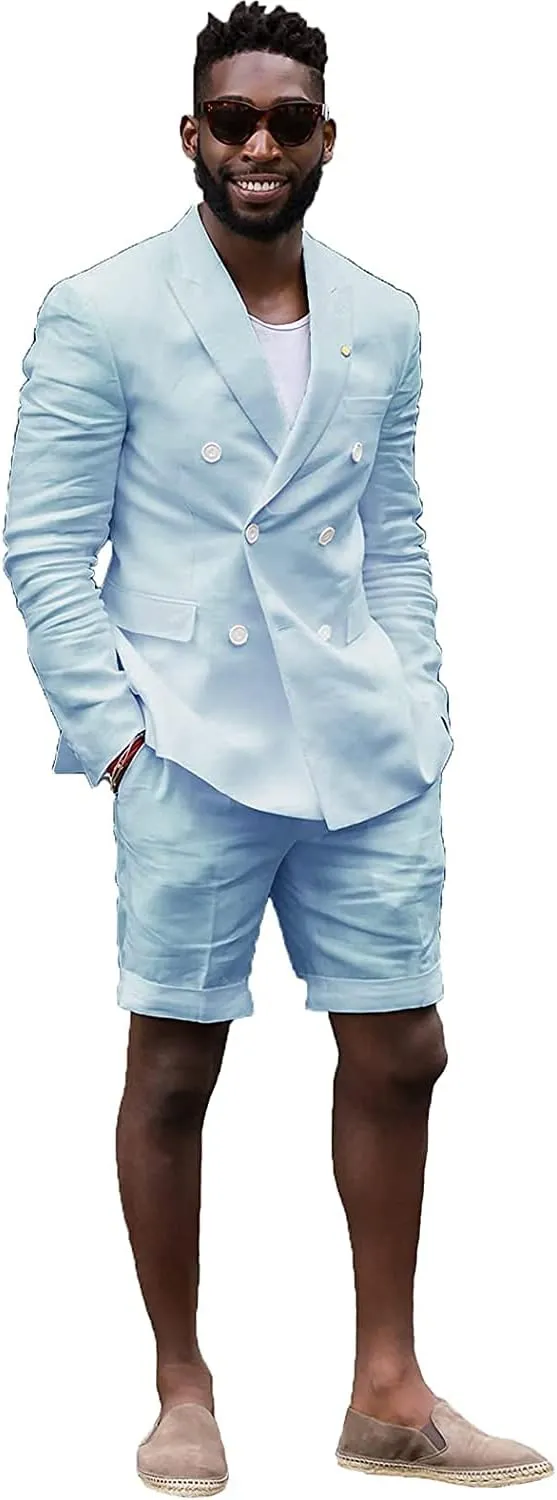 Mens Summer Casual White Tailored Beach Wedding Slim Fit Tuxedo Suit Blazer & Shorts Set