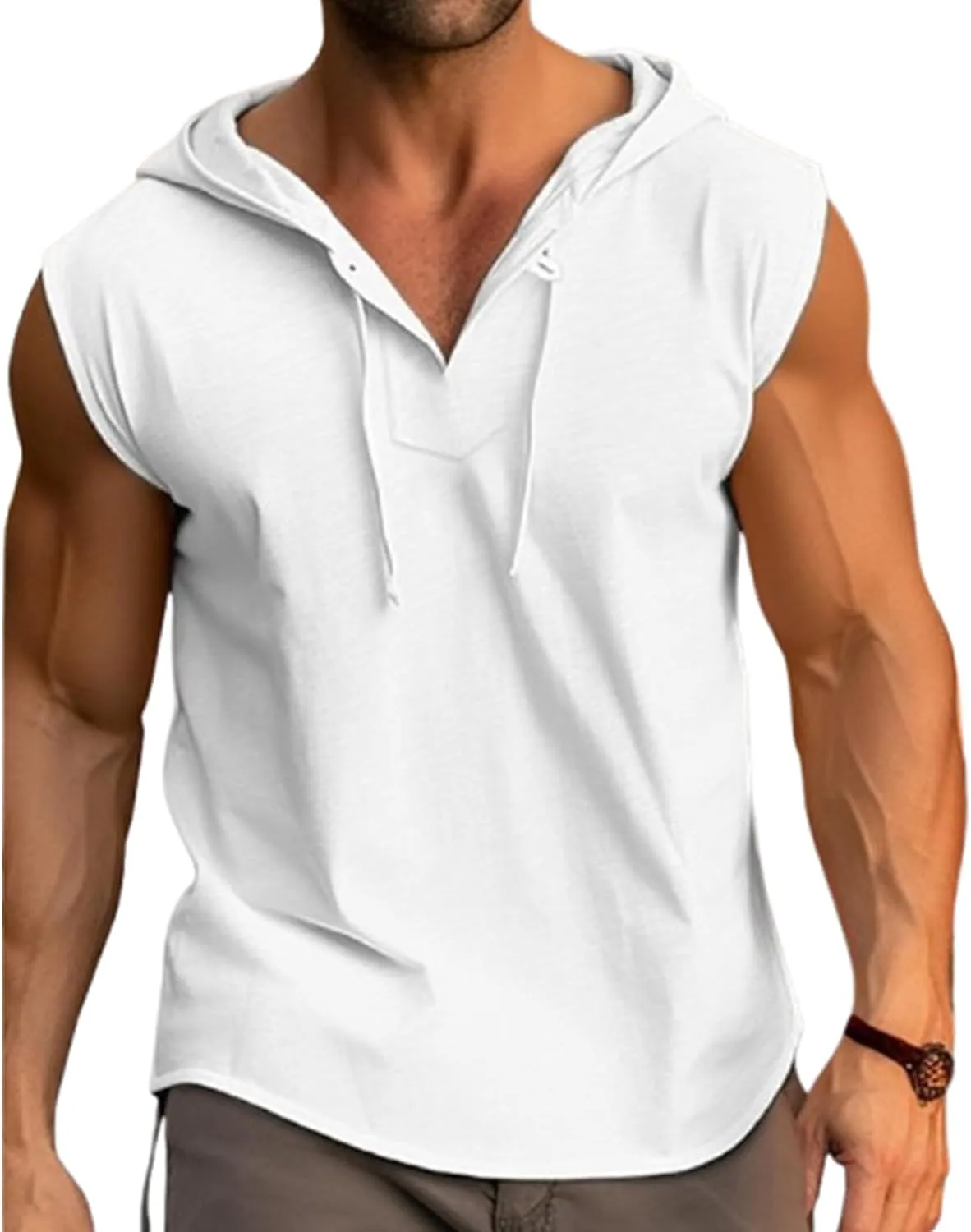 Mens Tank Top Sleeveless Tees Cotton T-Shirt Hooded Neck Summer Beach Tops Casual Shirt