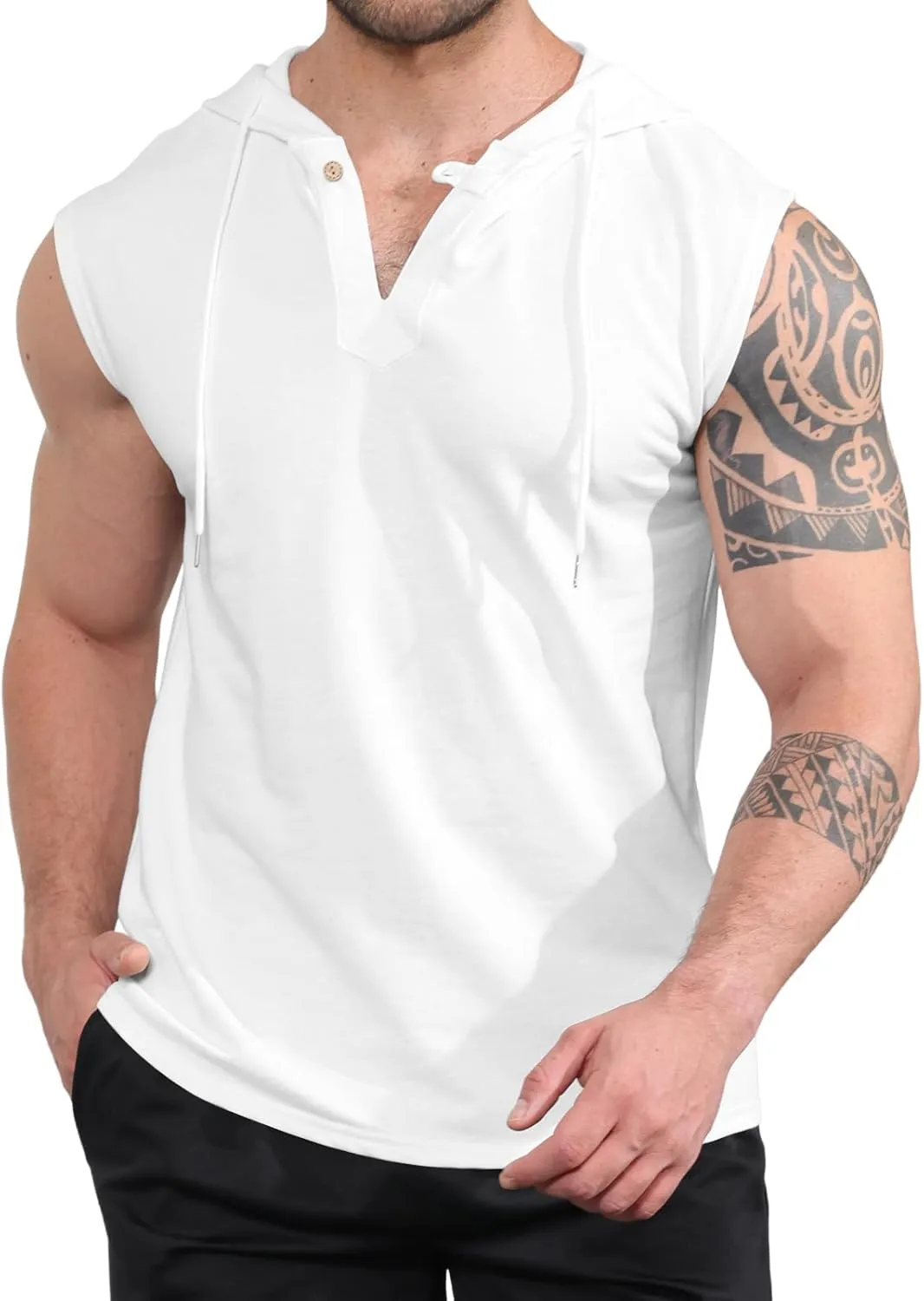 Mens Tank Top Sleeveless Tees Cotton T-Shirt Hooded Neck Summer Beach Tops Casual Shirt