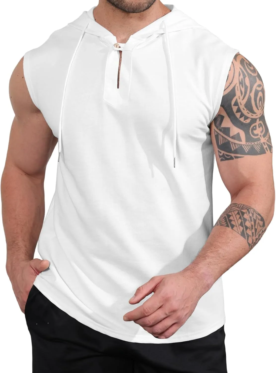 Mens Tank Top Sleeveless Tees Cotton T-Shirt Hooded Neck Summer Beach Tops Casual Shirt