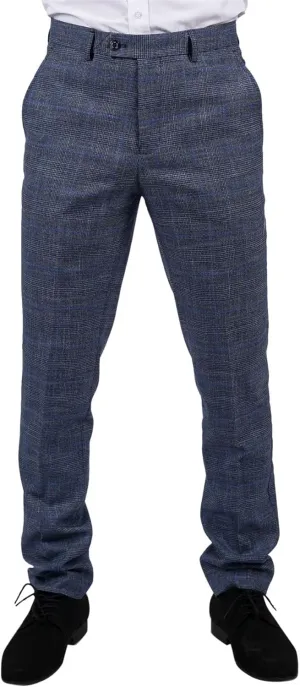Mens Trousers Blue Prince of Wales Check Tailored Fit Summer Classic Vintage