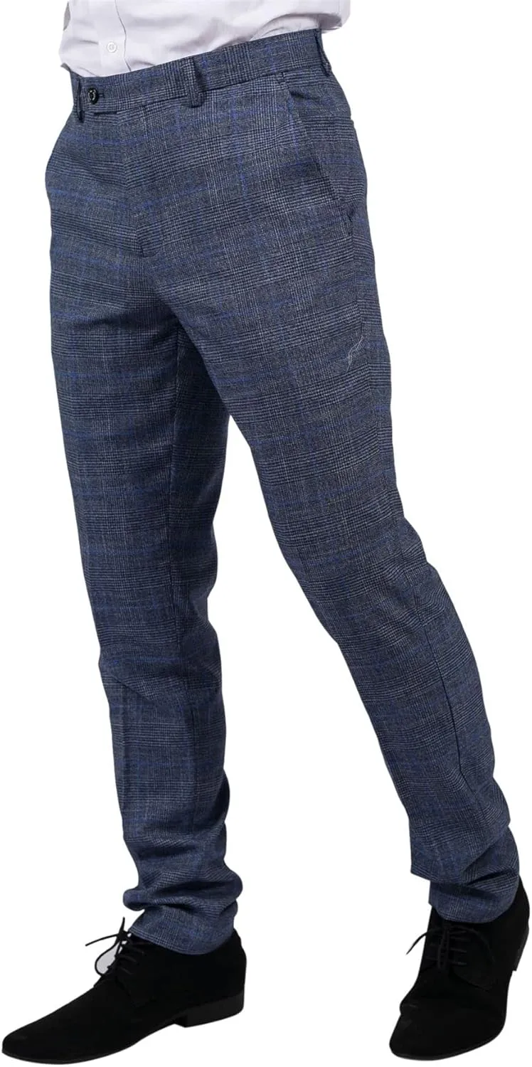 Mens Trousers Blue Prince of Wales Check Tailored Fit Summer Classic Vintage