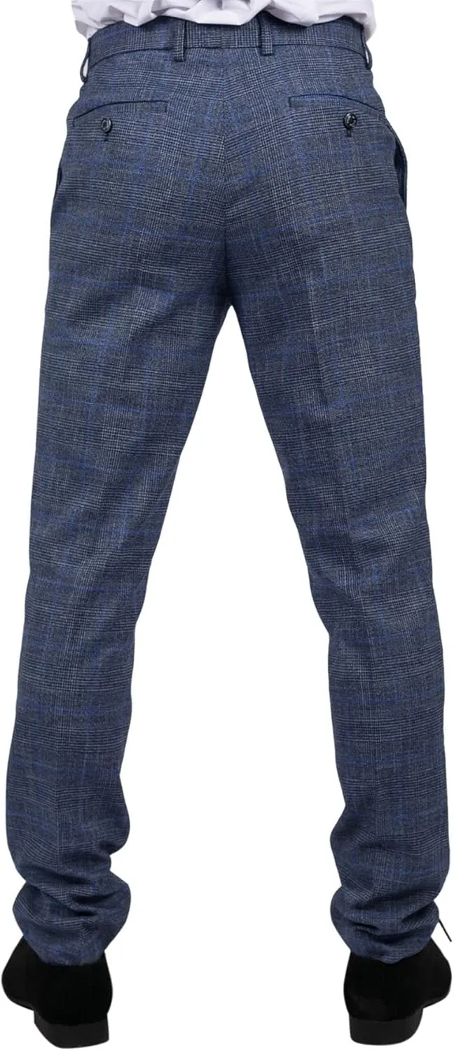 Mens Trousers Blue Prince of Wales Check Tailored Fit Summer Classic Vintage