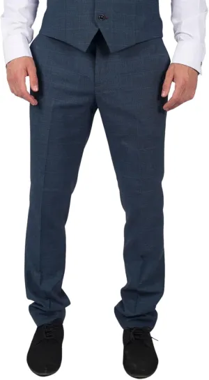 Mens Trousers Prince of Wales Check Blue Classic Light Tailored Fit Modern