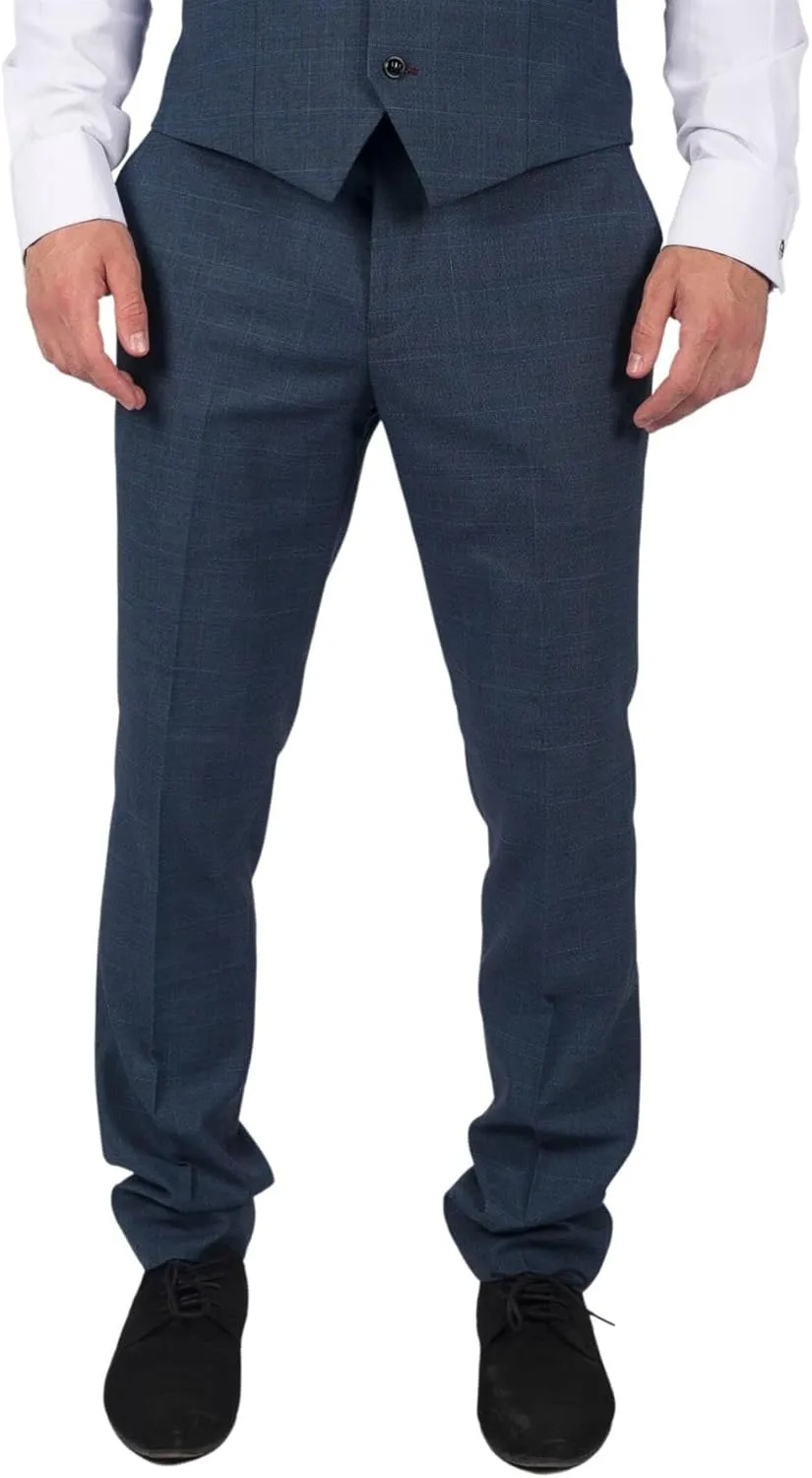 Mens Trousers Prince of Wales Check Blue Classic Light Tailored Fit Modern