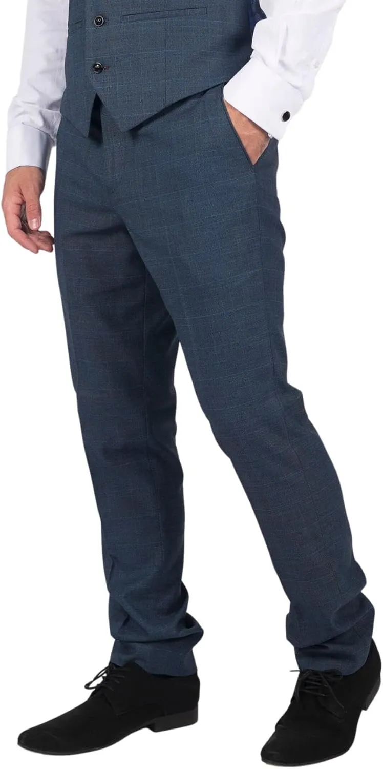 Mens Trousers Prince of Wales Check Blue Classic Light Tailored Fit Modern