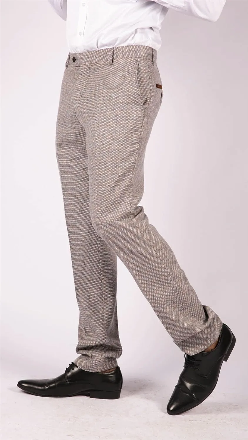 Mens Trousers Tweed Check Vintage Retro Peaky Tailored Fit 1920s Cream Beige