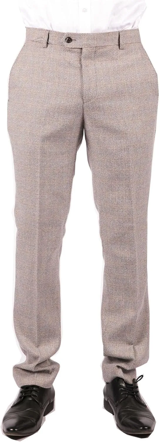 Mens Trousers Tweed Check Vintage Retro Peaky Tailored Fit 1920s Cream Beige