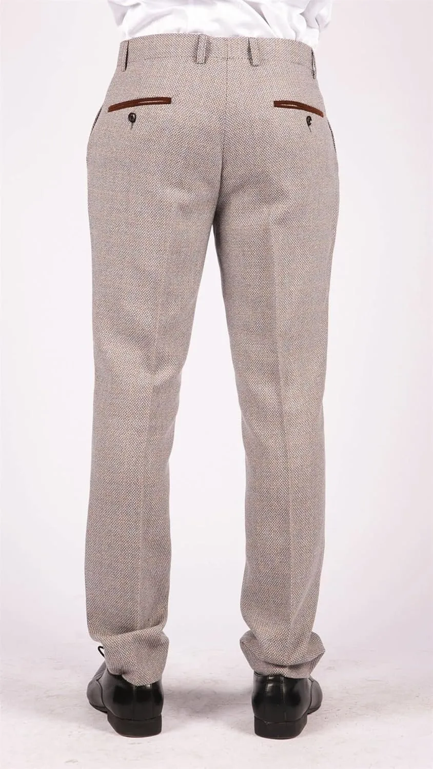 Mens Trousers Tweed Check Vintage Retro Peaky Tailored Fit 1920s Cream Beige