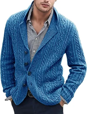 Men's Twisted Shawl Collar Knitwear Slim Fit Button Down Sweaters Long Sleeve Zipper Sweater Jackets Big and Tall