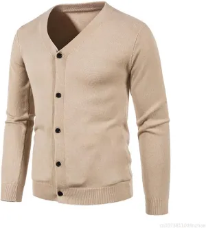 Men's V-Neck Knitted Sweater Coat Solid Casual Sweater Cardigan Slim Fit Knitted Top