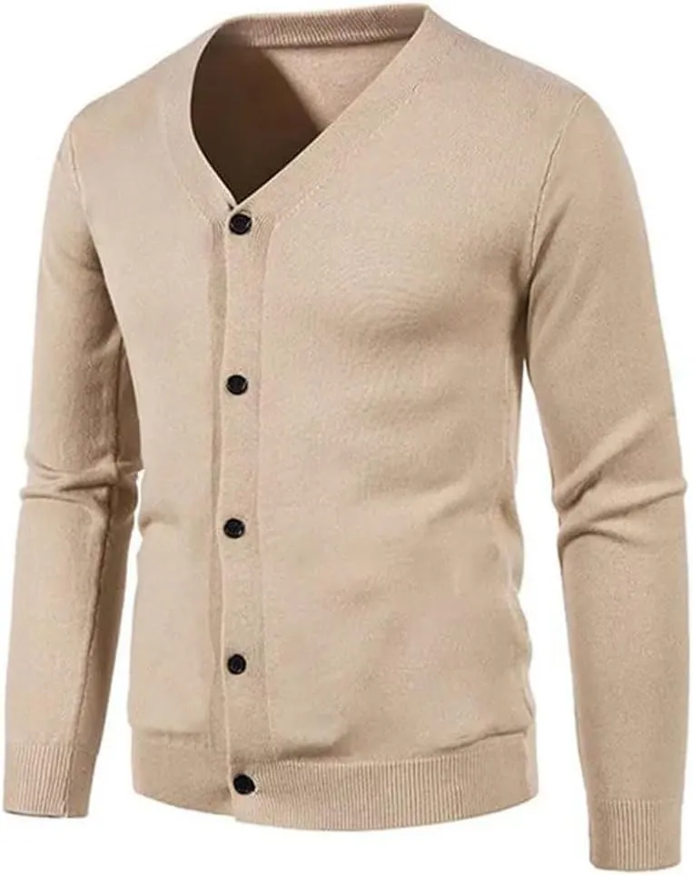 Men's V Neck Sweatercoat Knitted Slim Fit Solid Color Casual Cardigan Long Sleeve Knitwear Sweater