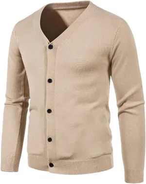 Men's V Neck Sweatercoat Knitted Slim Fit Solid Color Casual Cardigan Long Sleeve Knitwear Sweater