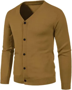 Men's V Neck Sweatercoat Knitted Slim Fit Solid Color Casual Cardigan Long Sleeve Knitwear Sweater