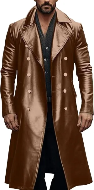 Men's Vintage Medieval PU Leather Long Trench Coats Notch Lapel Long Sleeve Double Breasted Windbreaker Jackets