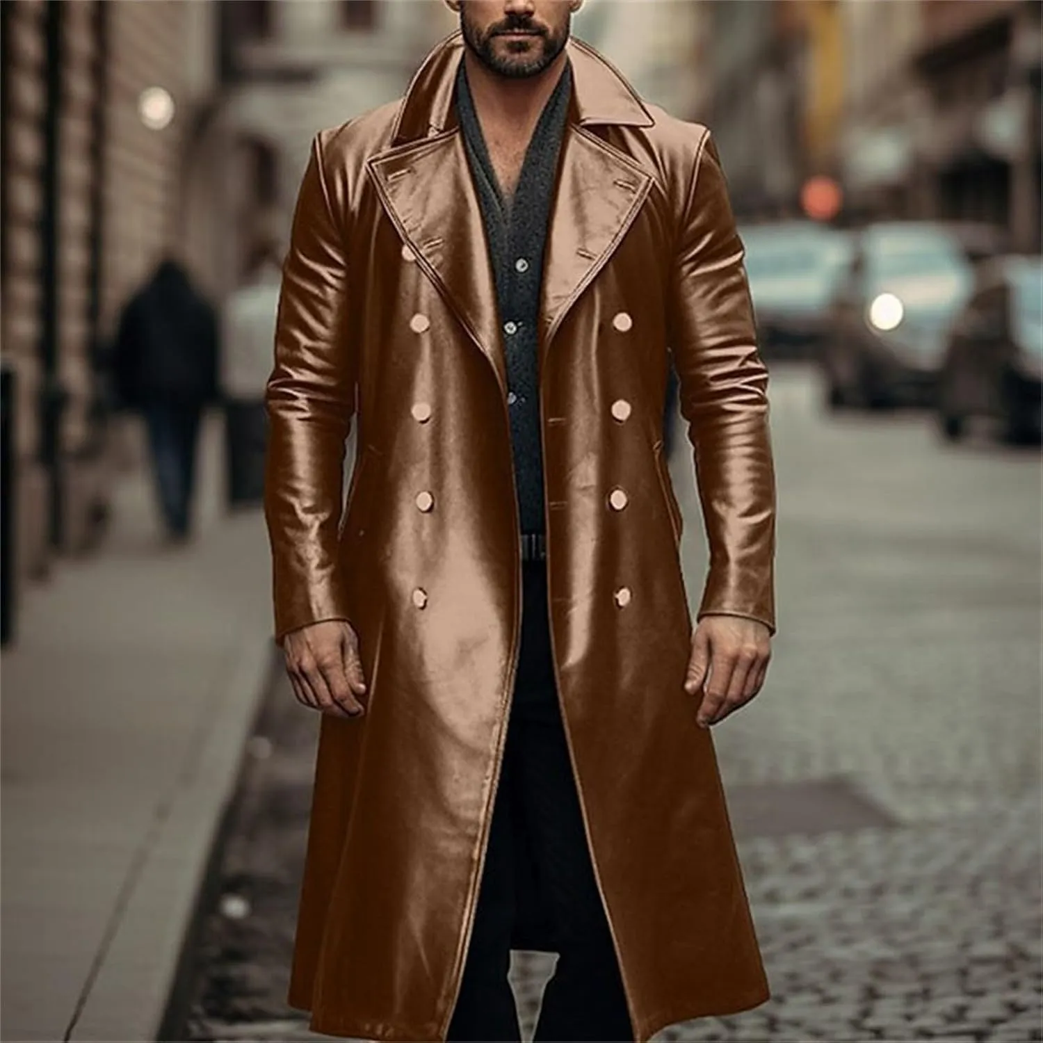 Men's Vintage Medieval PU Leather Long Trench Coats Notch Lapel Long Sleeve Double Breasted Windbreaker Jackets
