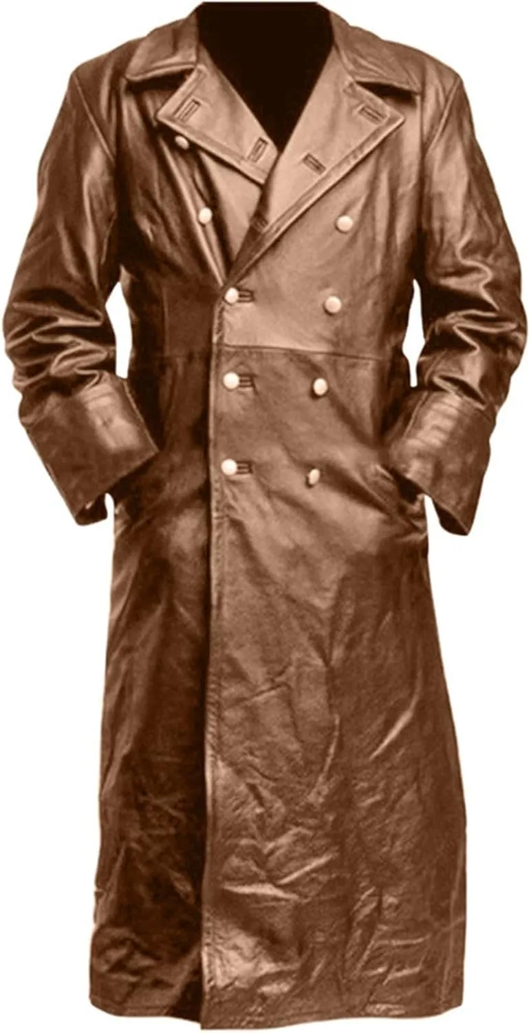 Men's Vintage Medieval PU Leather Long Trench Coats Notch Lapel Long Sleeve Double Breasted Windbreaker Jackets