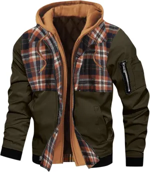 Mens Winter Warm Quilted Lined Flannel Tartan Hooded Jackets Long Sleeve Zip Up Western Moto Biker Thick Coat Outwear