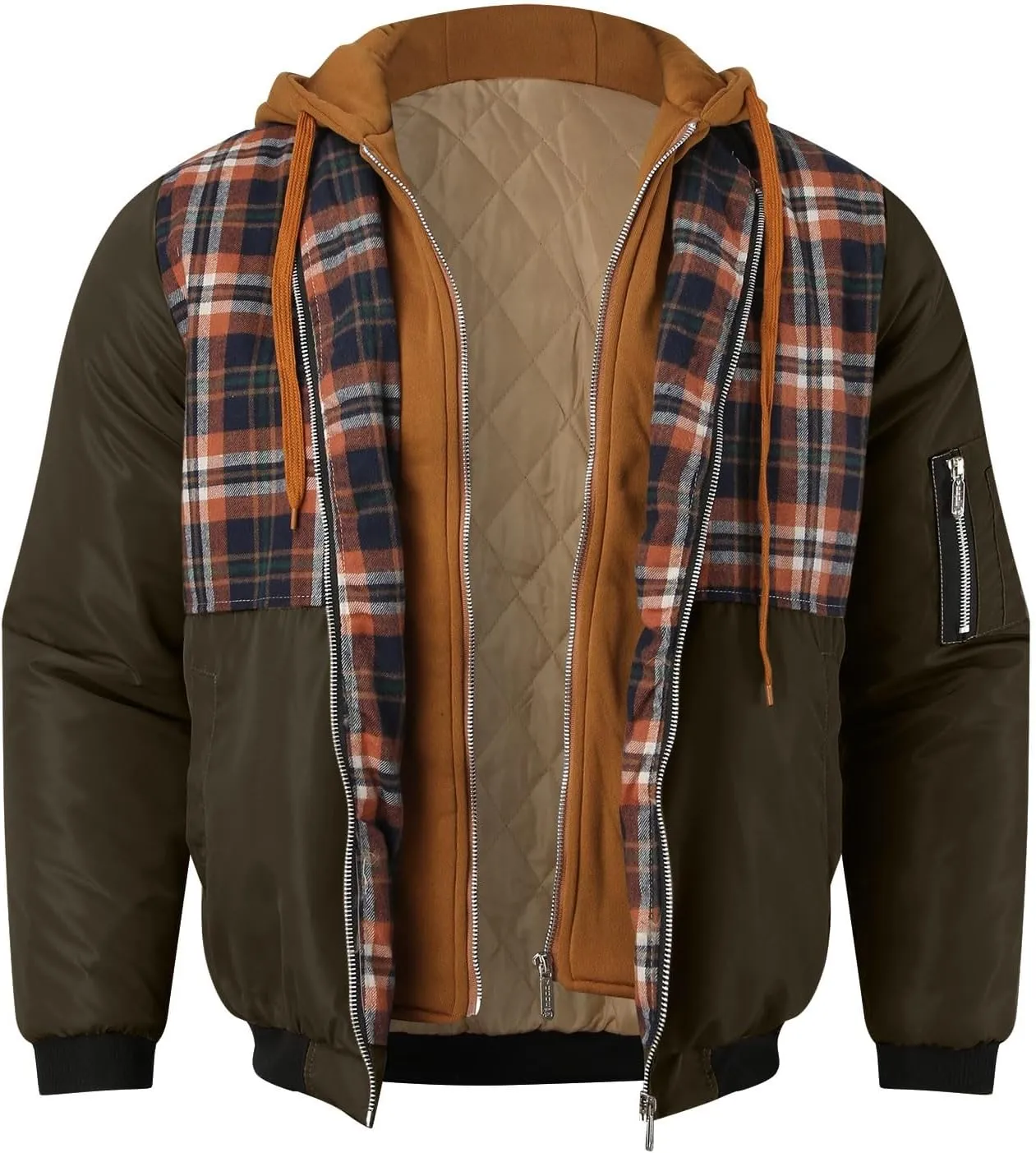 Mens Winter Warm Quilted Lined Flannel Tartan Hooded Jackets Long Sleeve Zip Up Western Moto Biker Thick Coat Outwear