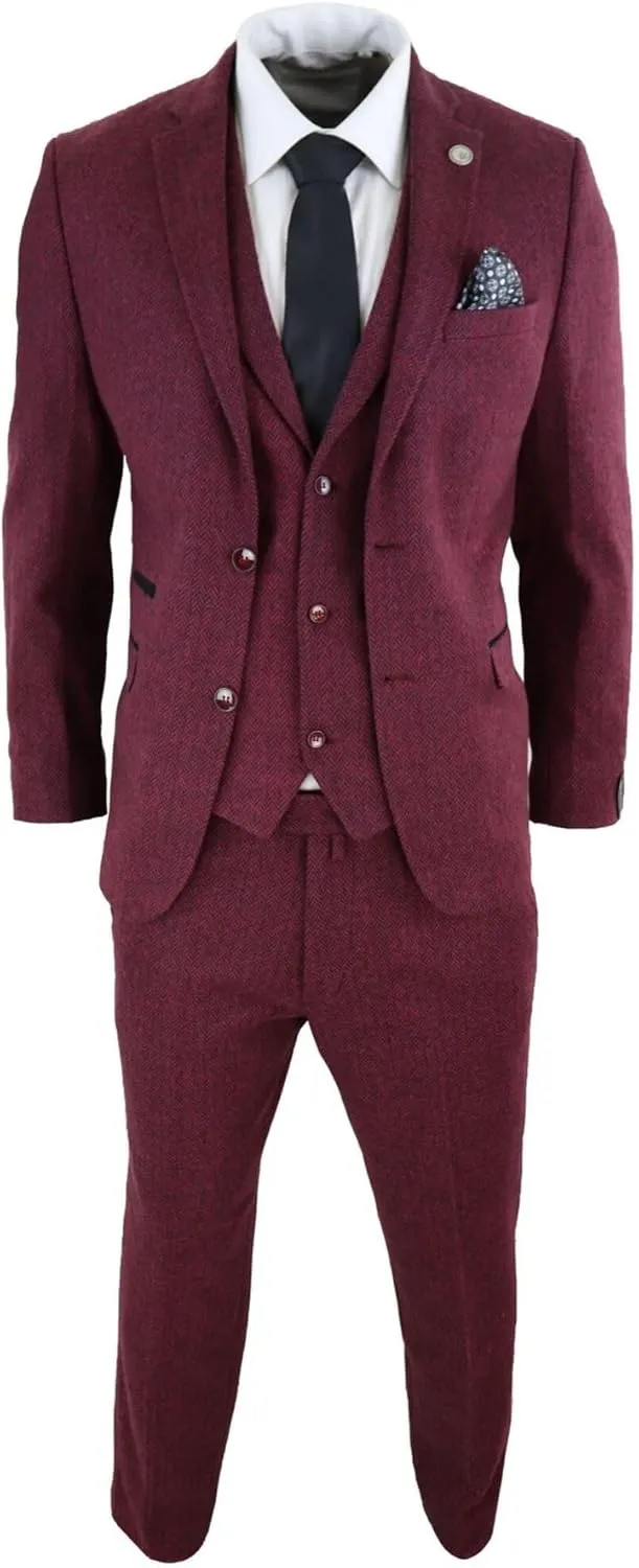 Mens Wool 3 Piece Suit Tweed Olive Green Black Tailored Fit Classic