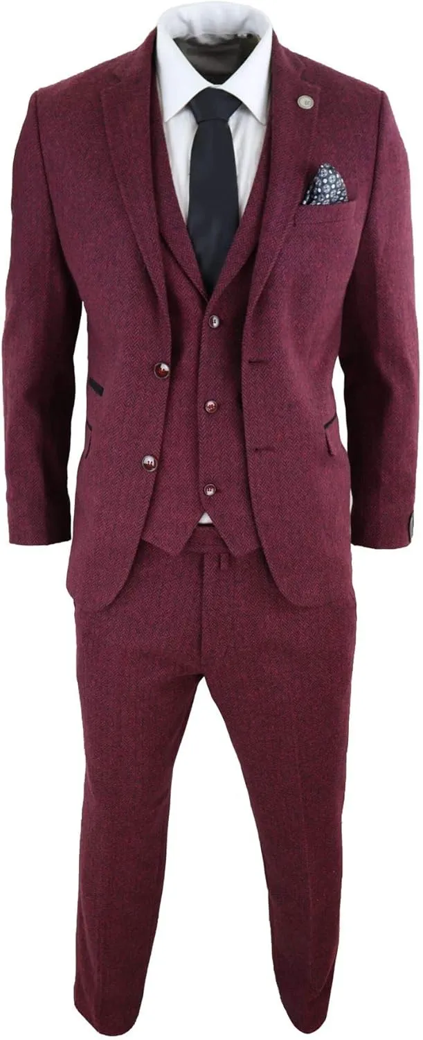 Mens Wool 3 Piece Suit Tweed Olive Green Black Tailored Fit Classic