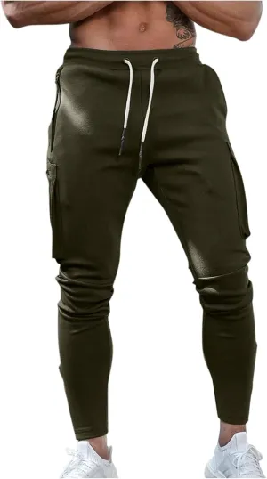 Mens Workout Cargo Sweatpants Trousers Work Wear Combat Fitness Drawstring Pockets Rope Loose Sweatpant 2023 Outdoor