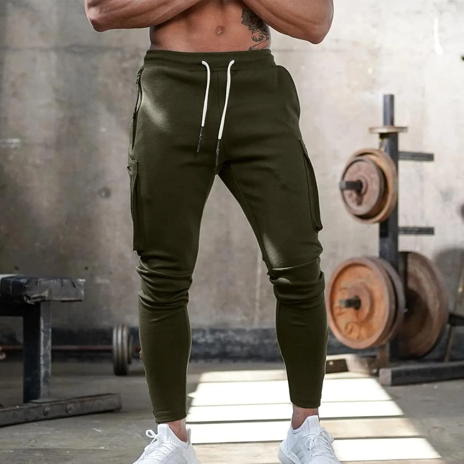 Mens Workout Cargo Sweatpants Trousers Work Wear Combat Fitness Drawstring Pockets Rope Loose Sweatpant 2023 Outdoor