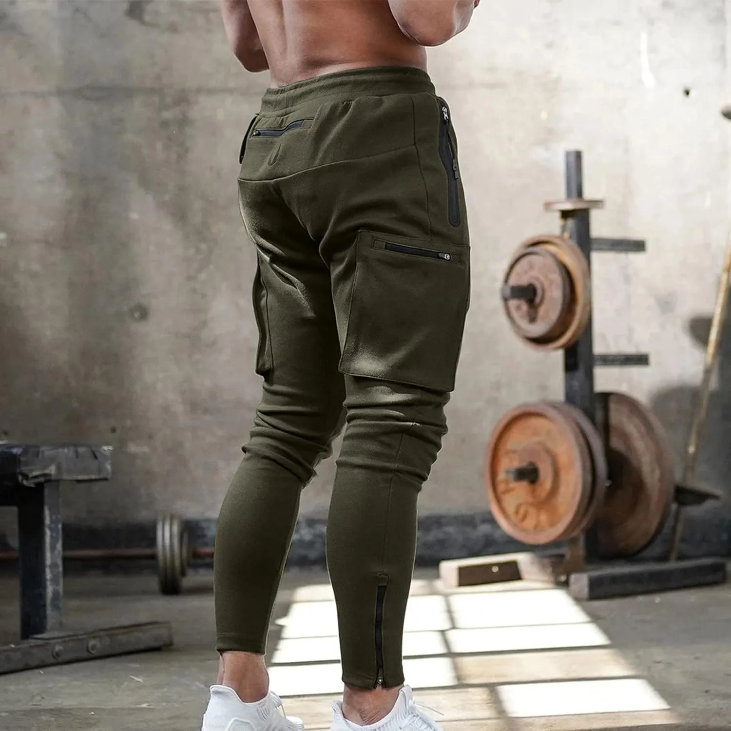 Mens Workout Cargo Sweatpants Trousers Work Wear Combat Fitness Drawstring Pockets Rope Loose Sweatpant 2023 Outdoor