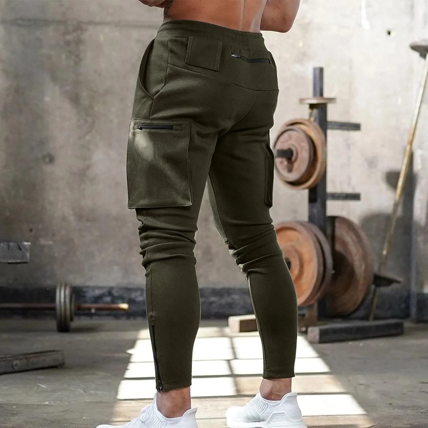 Mens Workout Cargo Sweatpants Trousers Work Wear Combat Fitness Drawstring Pockets Rope Loose Sweatpant 2023 Outdoor