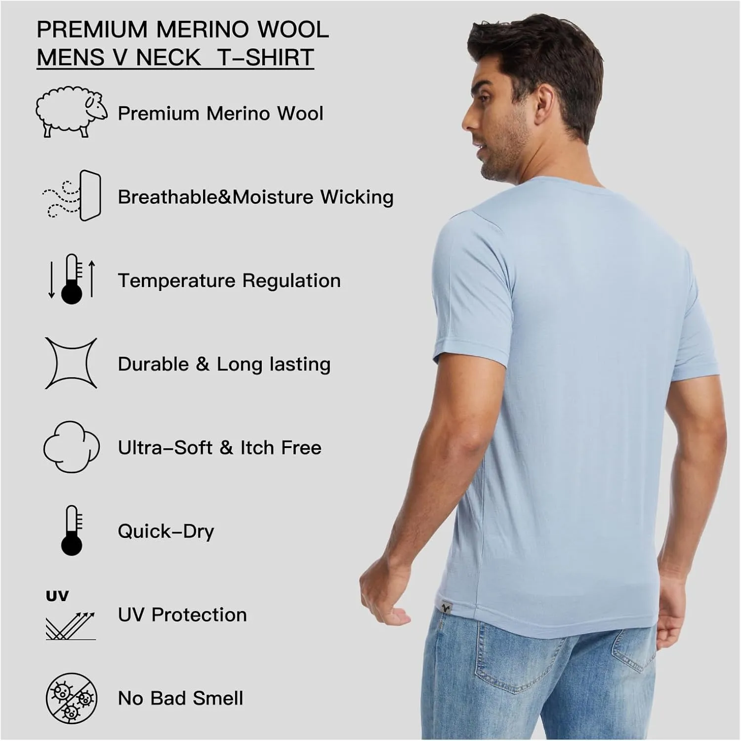 MERINNOVATION Mens Merino Wool V Neck T-Shirt Wicking Merino Wool Undershirt Lightweight Base Layer Hiking Travel