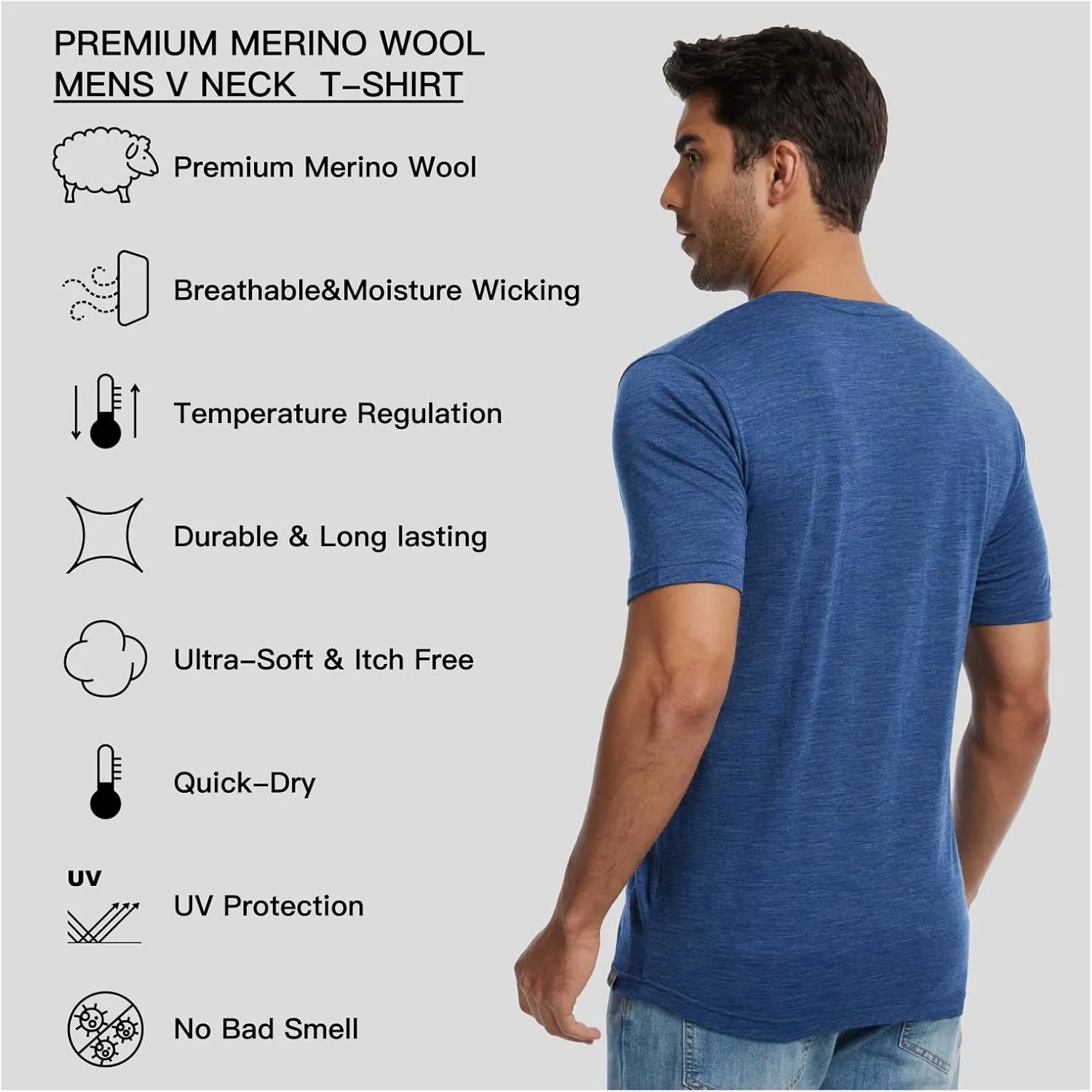 MERINNOVATION Mens Merino Wool V Neck T-Shirt Wicking Merino Wool Undershirt Lightweight Base Layer Hiking Travel