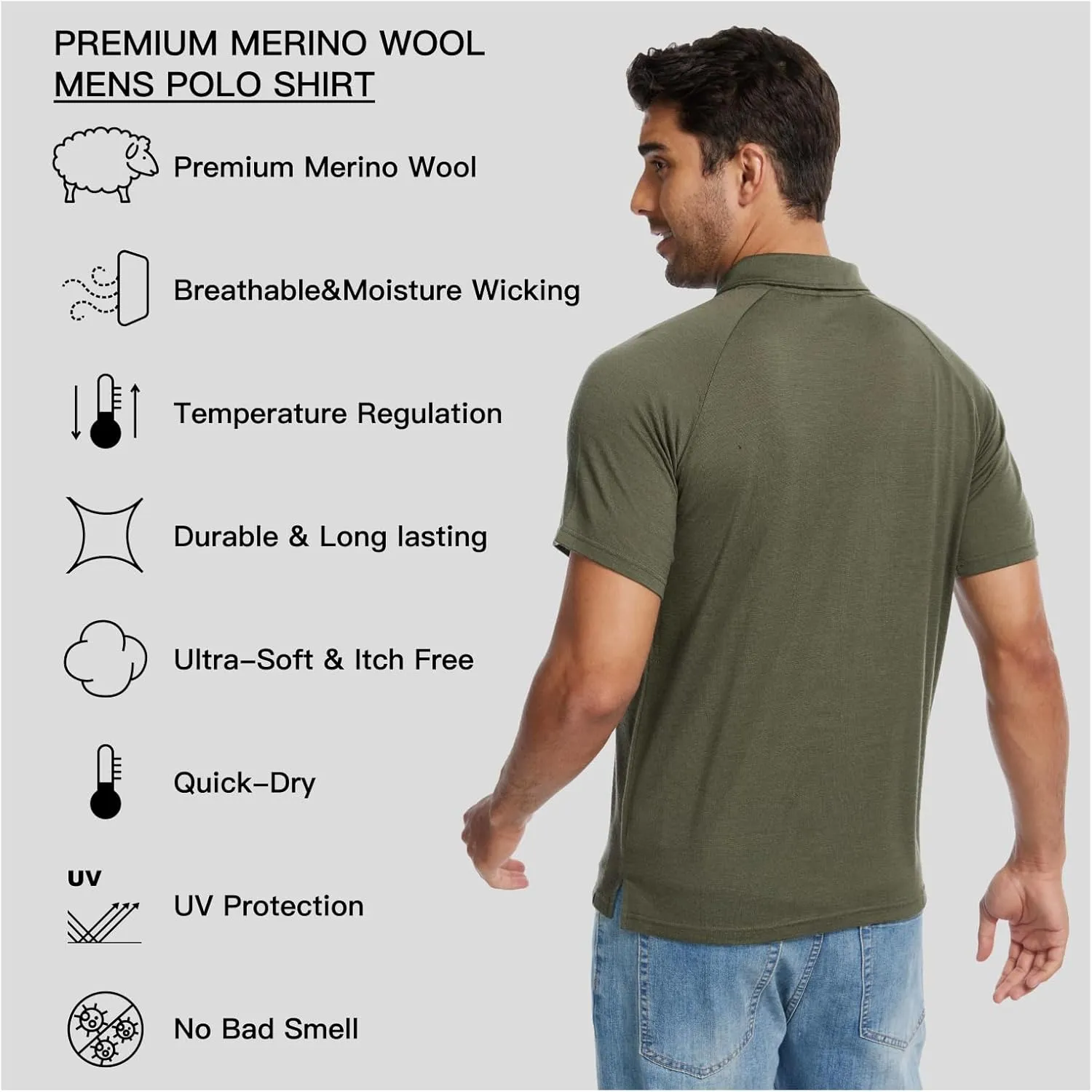 MERINNOVATION Merino Wool Polo Shirts Men - 100% Merino Wool Shirts for Men Short Sleeve Wicking Base Layer