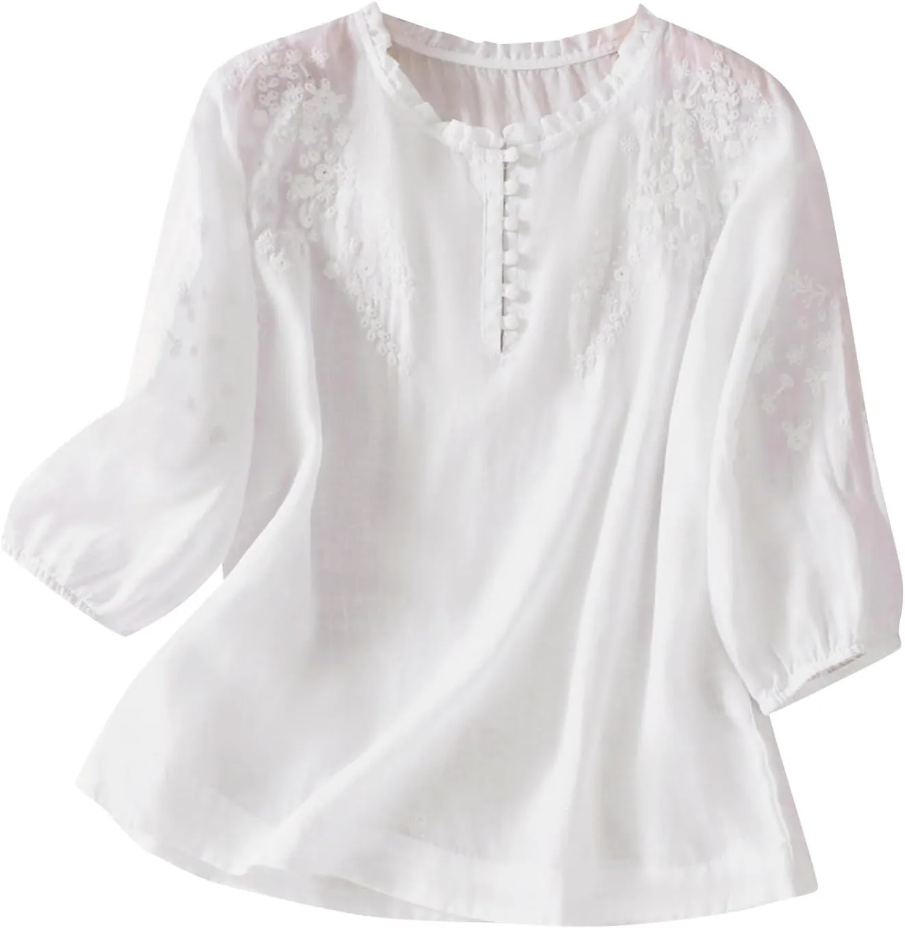 Mexico Shirts for Women Summer Embroidered Blouse Cotton Linen Round Neck Tops Vintage Loose Button-Down T-Shirt