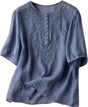 Mexico Shirts for Women Summer Embroidered Blouse Cotton Linen Round Neck Tops Vintage Loose Button-Down T-Shirt