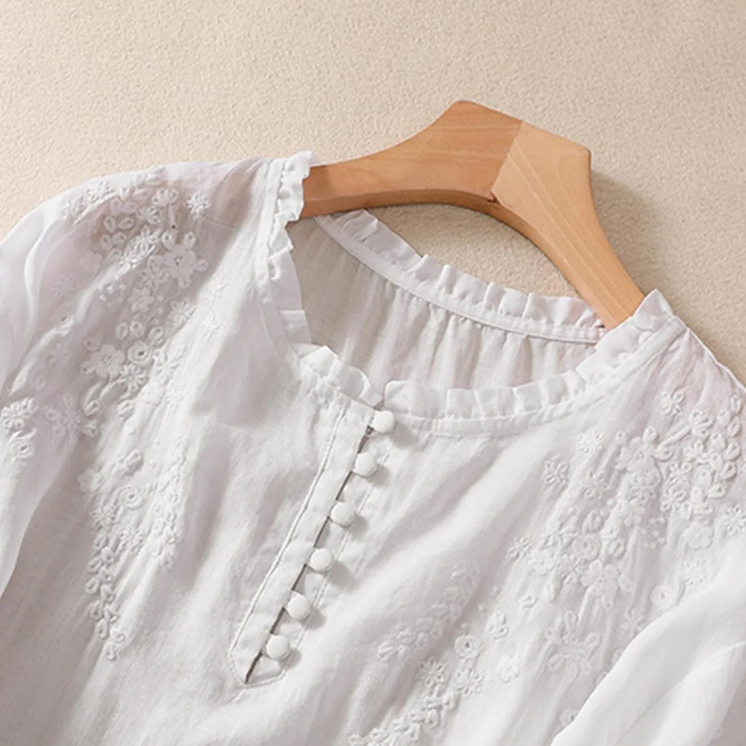 Mexico Shirts for Women Summer Embroidered Blouse Cotton Linen Round Neck Tops Vintage Loose Button-Down T-Shirt