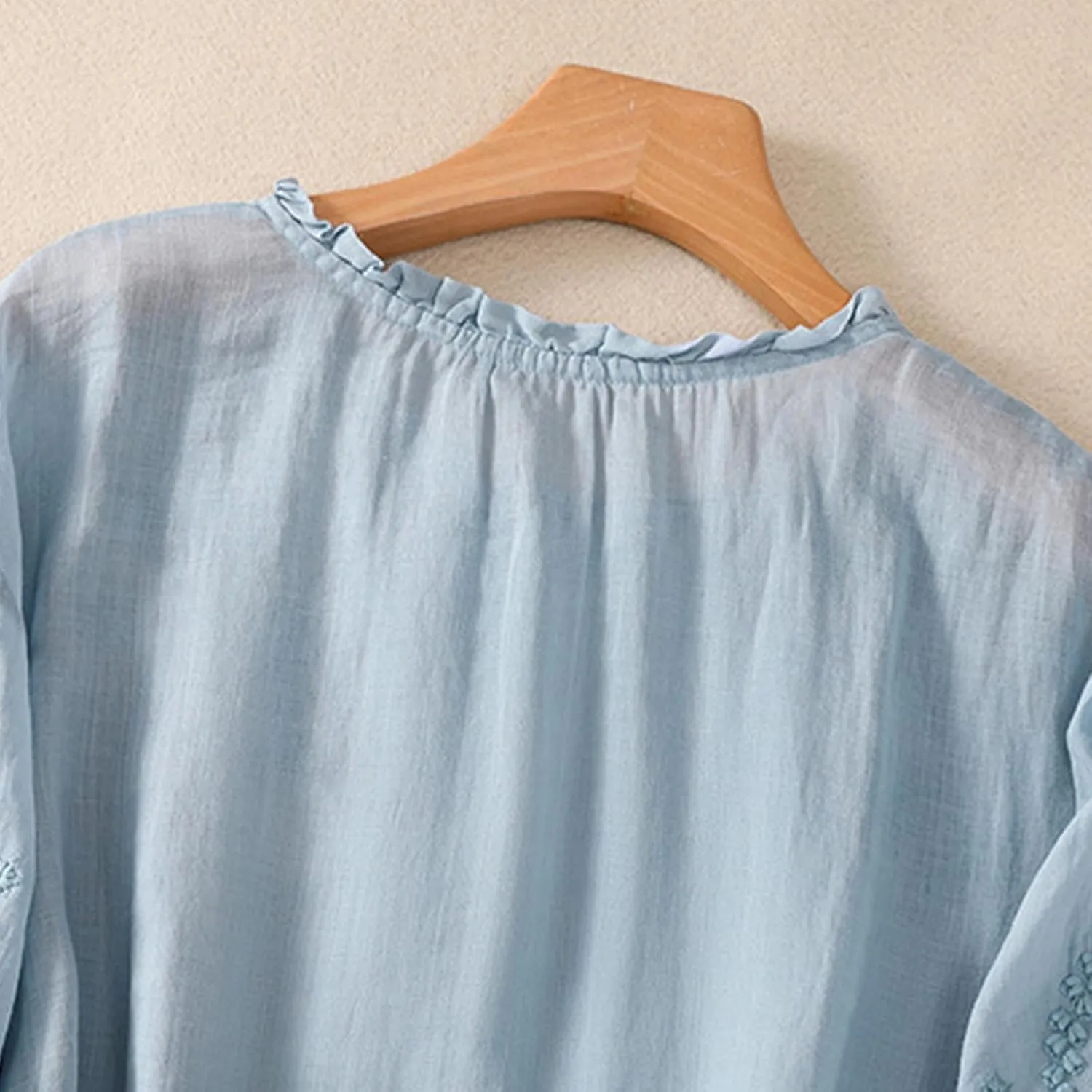Mexico Shirts for Women Summer Embroidered Blouse Cotton Linen Round Neck Tops Vintage Loose Button-Down T-Shirt